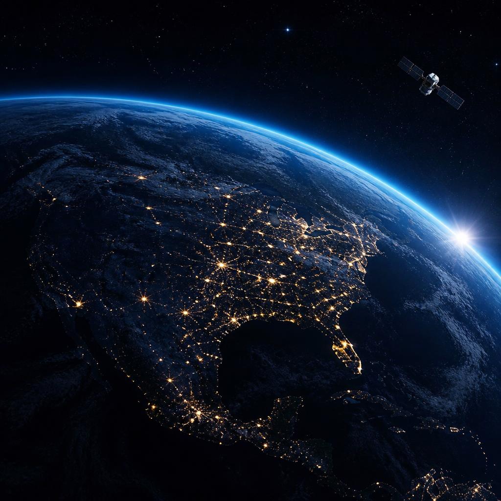 Earth viewed from space at night with a satellite in orbit